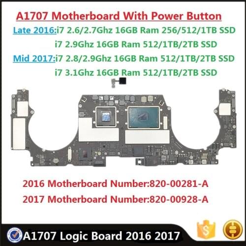 Original A1707 Motherboard With Touch ID 820-00928-A 820-00281-A for MacBook Pro 15" 2016 2017 i7 16GB Ram Logic Board Full Test