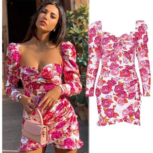 Fashion Spring/Autumn Women Floral Print Romatic Dress Ladies Sexy Prom Ball Mini Dresses Size S M L