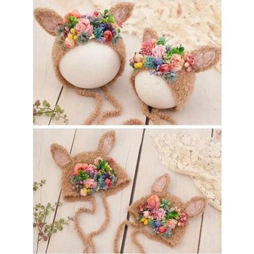 Newborn photography props hat hand-woven flowers rabbit ears hundred days baby hat baby children studio shooting
