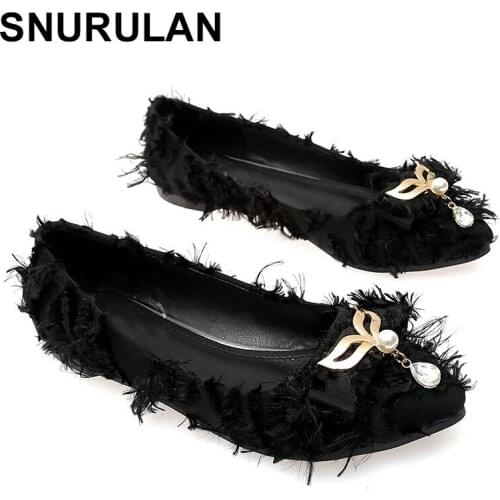 SNURULAN Feather flats women loafers pearl pendant pointy slip on shoes spring/autumn shallow espadrilles big size 34-43