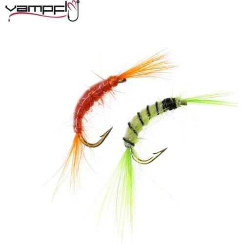 Vampfly 10pcs Scud Shrimp Fly Trout Fishing Fly Lures #14 Artificial Shrimp Baits Green and Orange Color