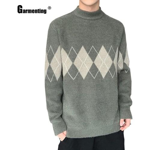 Garmenting New Knitting T-shirt Mens Kpop Style 2021 Spring Autumn Mock Neck masculinas ropa Top Pullovers Argyle Male Clothing