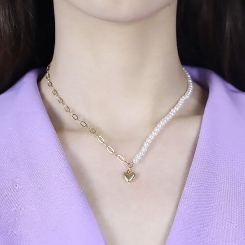 Japan and Korea Pearl Love Pendant Necklace Simple Trendy Asymmetric Clavicle Chain Punk Choker Necklace Woman Jewelry Gift