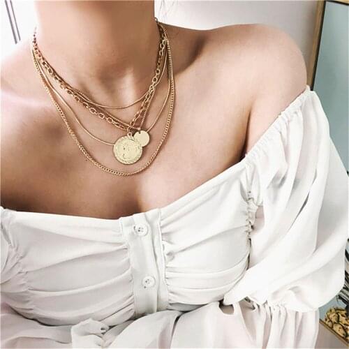 Boho Fashion Round Sequin Head Coin Pendant Necklace For Women Female Multilevel Geometric Gold Silver Color Chain Jewelry Gift