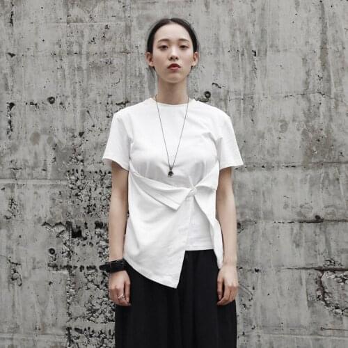 Street Wear Pleated Irregular Slim White Short Sleeve T-shirt Tops Women Summer Pure Cotton Breathable Elastic O-neck T Shirt