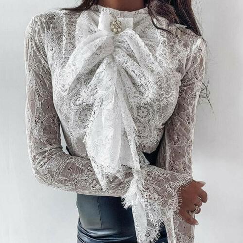 2021 New Ladies Vintage Lace Blouse Sexy Elegant Womens Long Sleeve Tops Hollow Out Lace Chiffon Based Bowknot White Blouse