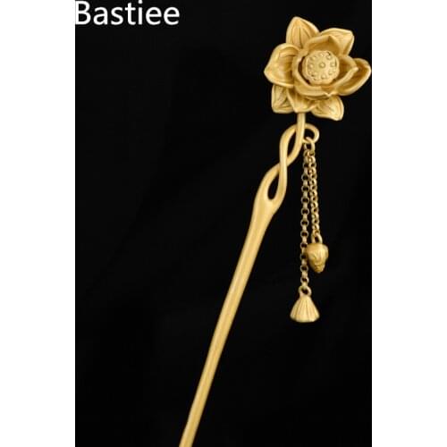 Bastiee Lotus Flower 925 Sterling Silver Chinese Hair Stick Luxury Jewelry Golden Plated Hair Pins Women Accessories Hairpin