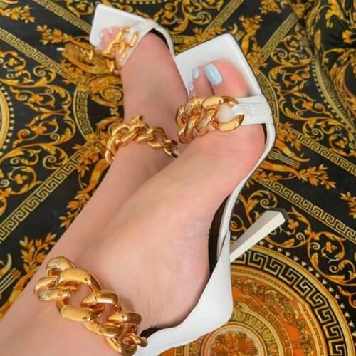 Womens Sexy Sandals Pumps Chain High Heels Summer Shoes Metal Party Fashion Square Toe Cross tied Female Footwear Plus Size