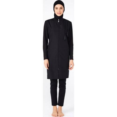 Women Black Sequins And Tassel Detail Zipper Hijab Swimwear Turkish' Muslim Swimsuit Burkinis Modest Clothing Islamic Long Sleeves