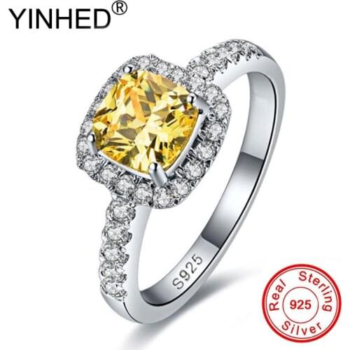 YINHED Princess Cut Yellow Cubic Zirconia Jewelry Ring Genuine 925 Sterling Silver Engagement Wedding Rings for Women ZR657