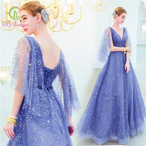 SSYfashion V Neck Half Sleeves Lace Up Back Sequined Floor Length Long Blue Evening Dress Custom Party Formal Evening Gown