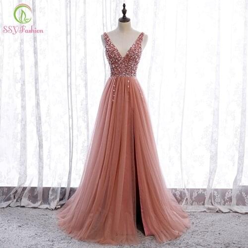 SSYFashion New Sexy Evening Dress V-neck Backless Sweep Train Sequins Beading Long Prom Formal Party Gowns Vestidos De Fiesta