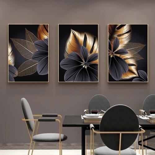 Black Gold Leaves Abstract Canvas Painting Wall Art Pictures for Living Room and Bedroom Nordic Poster Home Decoration