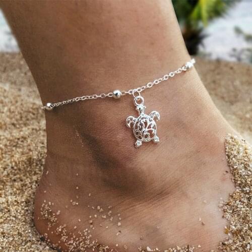 Summer Beach Silver Color Turtle Anklets For Women Fashion Vintage Hollow Animal Beaded Anklet Bracelet On the Leg Foot Jewelry