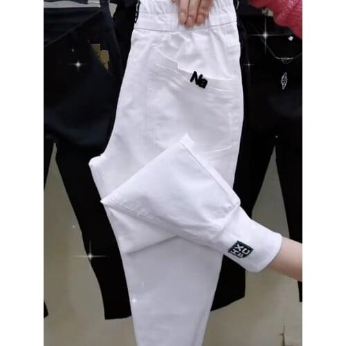 High Quality Casual Harem Pants Womens Cotton Elastic Waist Patch Washed Denim Lettered Ankle Bands Women Bottoms Pants Baggy