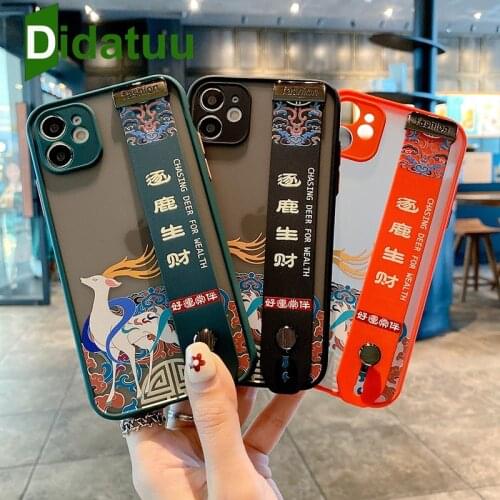 Cartoon Deer Wrist Strap Phone Case For iphone 12 Pro Max 11 11Pro Max XR XS 7 8 Plus SE Camera Protective Back Cover