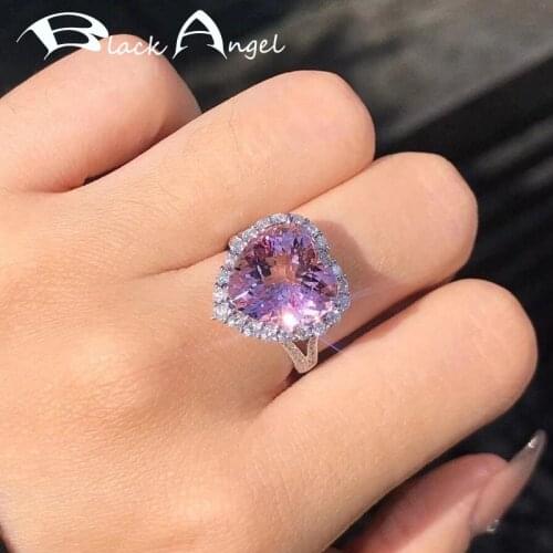 BLACK ANGEL Ladies 925 Silver Ring Romantic Heart Shaped Pink Tourmaline Gemstone Adjustable Ring For Women Jewelry Wedding Gift