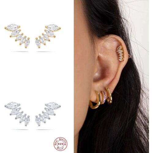 GS 925 Sterling Silver Gold Five Oval Zircon Stud Earring Clear Crystal Leaf Branch Line Ear Stud Piercing Pendientes Jewelry