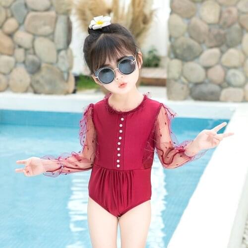 Baby Girls Hawaii Quick-Drying Swimwear Bikini lace long-sleeved Swimsuit Children Girls Kids One-piece Summer Swimming Dress