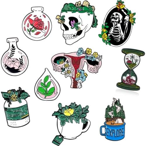 Punk Plants Flower skeleton bones Skull Hourglass book Teacup Enamel Pin Custom Brooches Shirt Lapel Bag Green Badge Jewelry