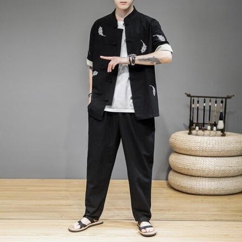 Kung Fu China Style Hanfu Shirt +Pants Male Two Piece Set Chinese Style Mens Tops Tang Suit Linen Short Sleeve Traditional