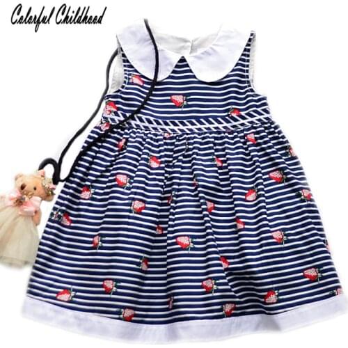 Round neck Toddler Girl Summer Dress Striped Cute Cartoon Strawberries Infant Baby Kids Dresses For Girls robe princesse modis