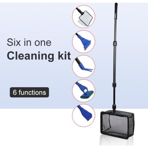 6 In One 1 Aquarium Tank Cleaner Set Fish Net Gravel Rake Algae Scraper 30ml Aquarium Algae Remover Fish Tank Cleaning Tools