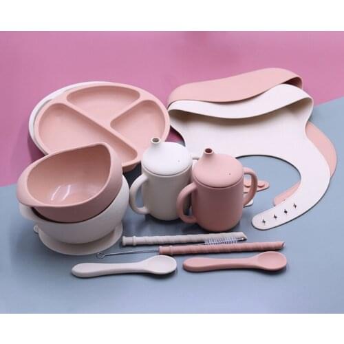 7pcs Set Baby Dining Dishes Silicone Bowl+Plate+Spoon+Bibs Strong Sucker Feeding Set Tableware Kids Dinnerware