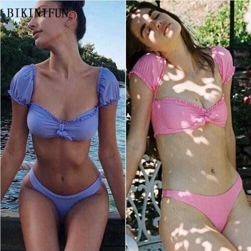 2020 New Sexy Off Shoulder Swimsuit Women Bow Knot Swimwear Ruched Bathing Suit S-XL Girl Solid Color Beachwear Micro Bikini Set