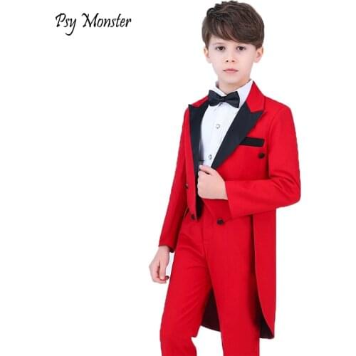Boys Formal Dress Tuxedo Piano Performance Costume Flower Boys Birthday Wedding Suits Jacket + Shirt + Pant + Tie 4Pcs