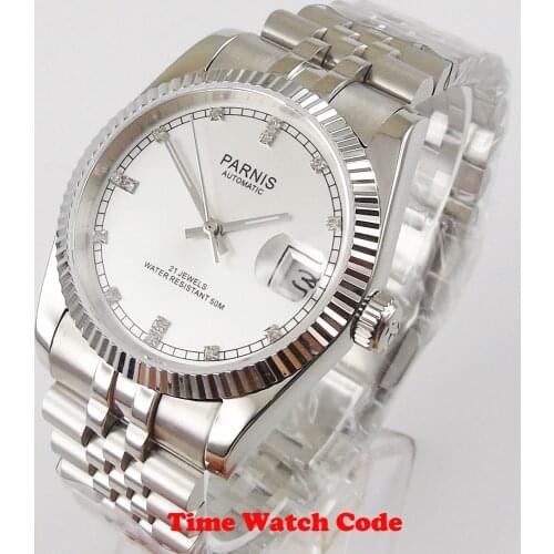Parnis 36mm Automatic Mens Wristwatch Miyota 8215 automatic movement white dial sapphire glass jubilee bracelet date diaplay