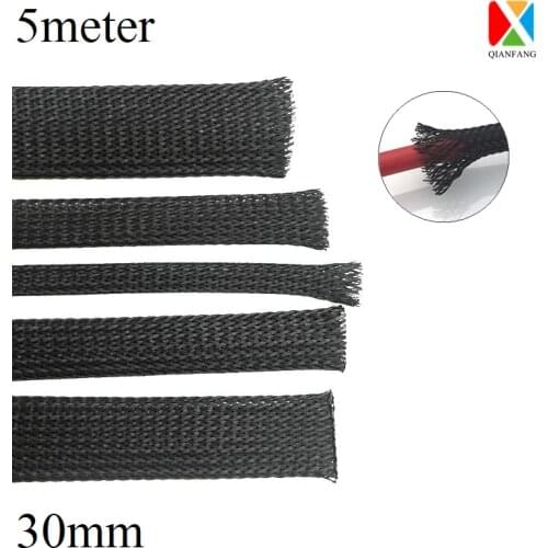 5M Braided Cable Sleeve 30mm Expandable PET Wire Wrap Nylon Tight High Density Sheath Protection Insulated Line Harness Black