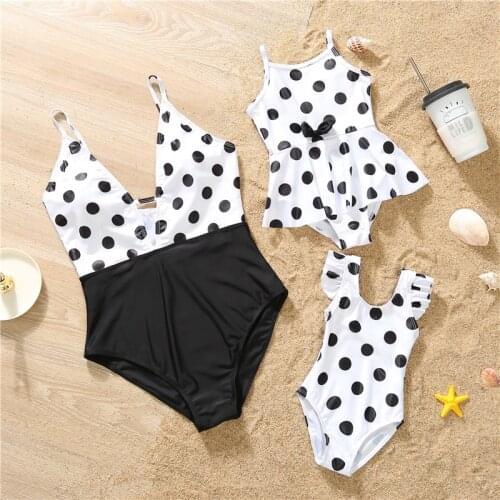 Hot Style European And American One- Piece Swimsuit Female White Polka Dot Girl Bow Family Parent- Child Swimwear 2021