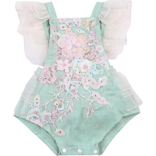 Baby Girls Casual Romper Light Blue Sleeveless Square Collar Floral Embroidery Pattern One-piece