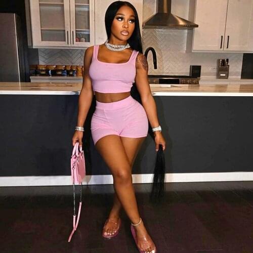 Casual Sport Suit Women Tracksuit 2 Piece Set Solid Tank Crop Top Biker Shorts Sets Two Piece Outfits Matching Sets Workout Yoga