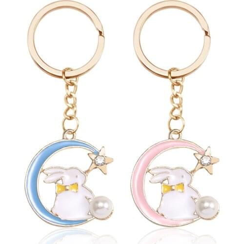 Simple Couple Keychain Moon Bunny Shape Small Star Inlaid Rhinestone Pendant Keychain 2019 Latest Fashion Jewelry Direct Sales