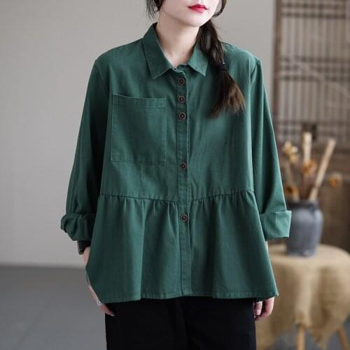 21New Women Shirts Autumn Mori Girl Style Solid Color Loose Folds Asymmetric Female Fashion Cotton Tops