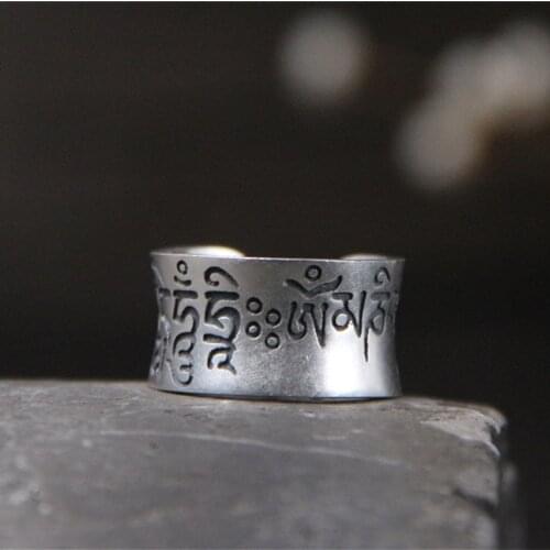 S999 Six True Words Thai Sliver Wide Ring for Men Women Open Re Sizable Finger Accessories Engagement Jewelry Zen Buddhism