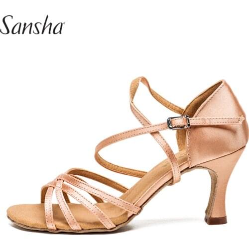 Sansha Ladies Satin Latin Shoes 7.5CM/3" Heel Black Salsa Tango Ballroom Dance Shoes For Women Girls Heel Customizable BR31007S