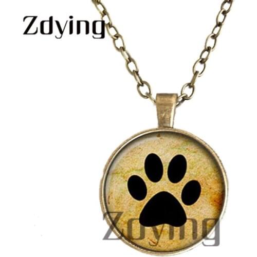 Zdying Vintage Animals Cat Dogs Footprint Pendant Necklaces Glass Picture Cabochon Necklace Bronze/Silver-plated Jewelry ZT010
