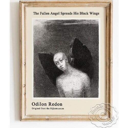 Odilon Redon Exhibition Museum Poster, The Fallen Angel Spreads His Black Wings Canvas Painting, Black White Sketch Wall Decor