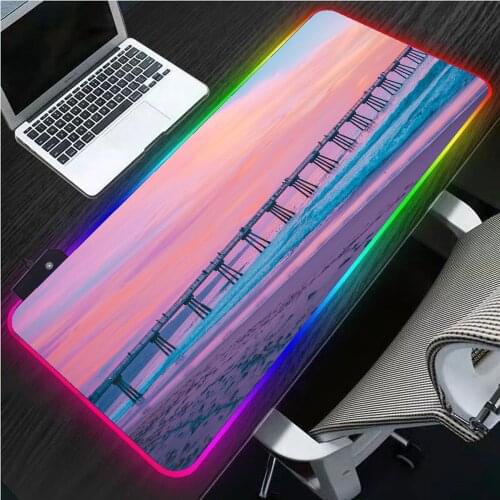 XGZ Landscape Seaside Pink Sunrise RGB Mouse Pad XXL Computer Notebook PC Office USB Colorful LED Gamer Keyboard Mat Gaming Desk