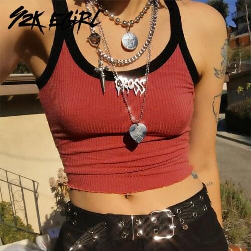Y2K EGIRL Harajuku Patchwork Ruffles Red Cami Tops Mall Goth Ribbed Punk Crop Tanks Grunge Outfits Vintage Spaghetti Strap Top
