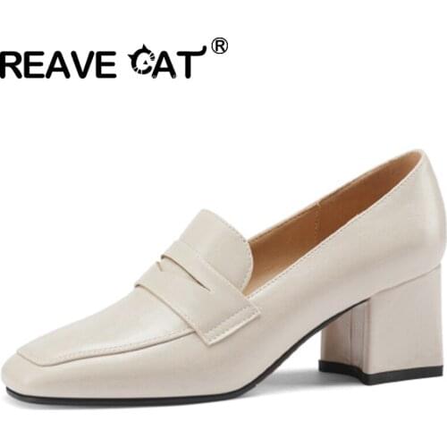 REAVE CAT New 2021 Women Pumps Square Toe 6cm Block Heels Slip-On Classic Concise Soft Comfort Plus Size 32-40 Casual A3761
