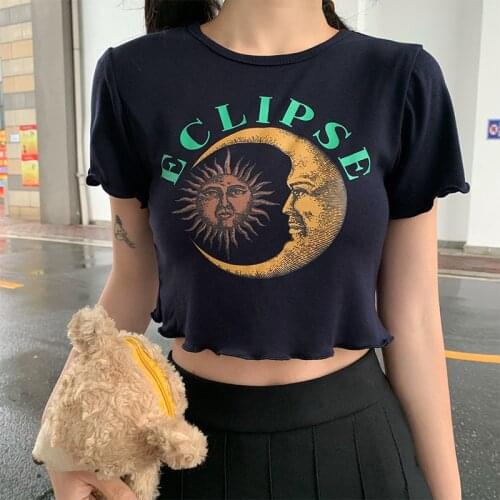 Women Crop tops For Girls Summer Ruffled Short-Sleeved T-Shirt Vintage Print Slim O-Neck Cute Kawaii Tee Female
