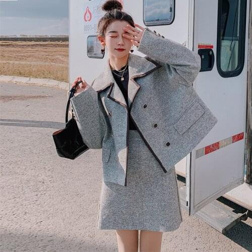Women Two Piece Set Autumn Winter Fashion Double Breasted Woolen Suit Coat Blazers High Waist Skirt Korean Elegant 2PCS Outfits