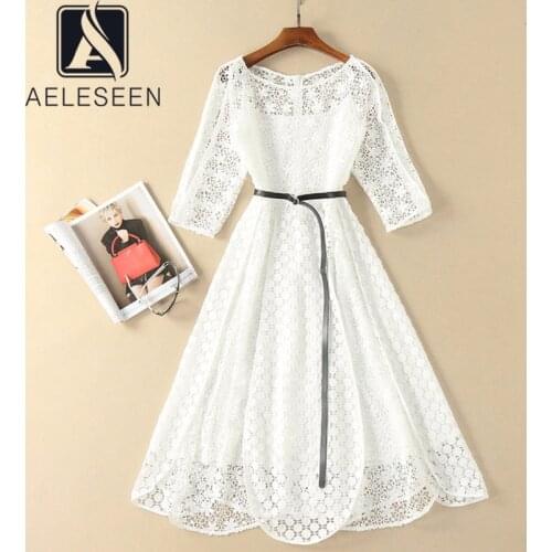 AELESEEN Runway Fashion Women Lace Dress 2021 High Quality Half Sleeve Hollow Out Belt Long Ladies Elegant Party Dress