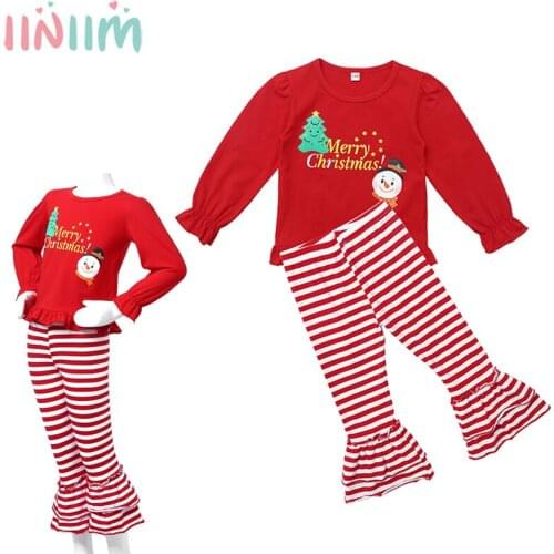 Winter Warm Clothes Set Kids Girls Christmas Costume Outfit Long Sleeve Merry Christmas Print Top Flared Pant Baby Clothing Sets