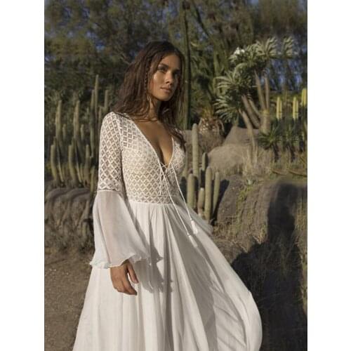 Boho Wedding Dress 2021 V Neck Cap Sleeve Lace Beach Wedding Gown Cheap Backless Custom Made A-Line Bride Dresses