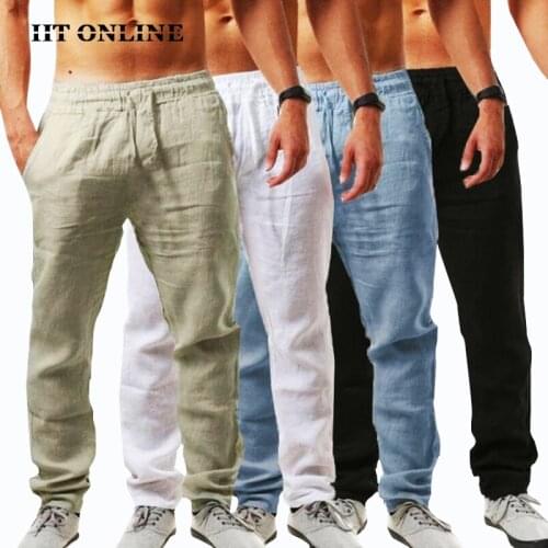 Summer Mens Cotton Linen Casual Pants Breathable Solid Color Sports Trousers Fitness Jogger Straight Loose Drawstring Sweatpants